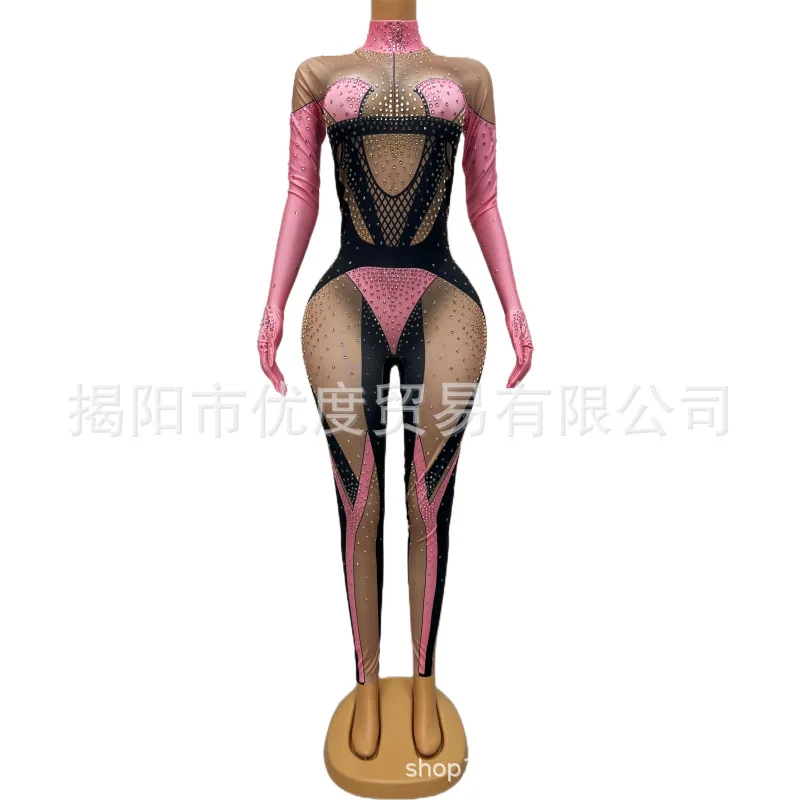 

DJ Reception Sexy Hottie Shine Slim Rhinestone Jumpsuit Female Singer Night Party Uniform Toner Damen Kleider Abendkleid Elegant