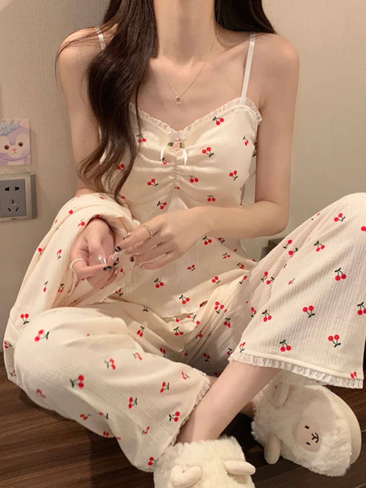 

Long Sve Cotton Padded Cherry Print Spwear Set for Women Spring Autumn Sle Sweet Cute Flounce Hem Pants Casual Home Wear