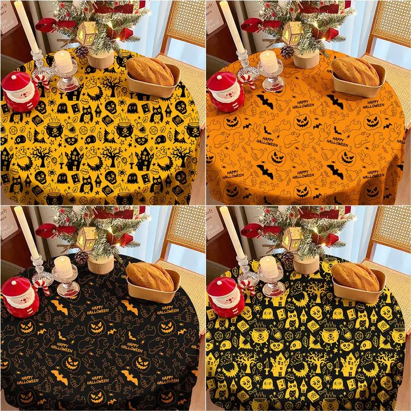 Halloween Full Print Tablecloth, Black & Orange Rectangular Table Cover, Home Dining Table Decor, Festive Atmosphere Table Cloth