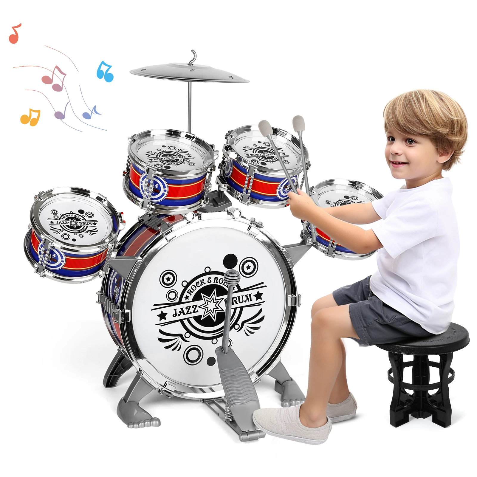 Jazz Drum Set Mini Drum Toys 6 Drums with Stool Musical Instruments Toy Birthday Gift no with LED Light for Beginners Boys Girls