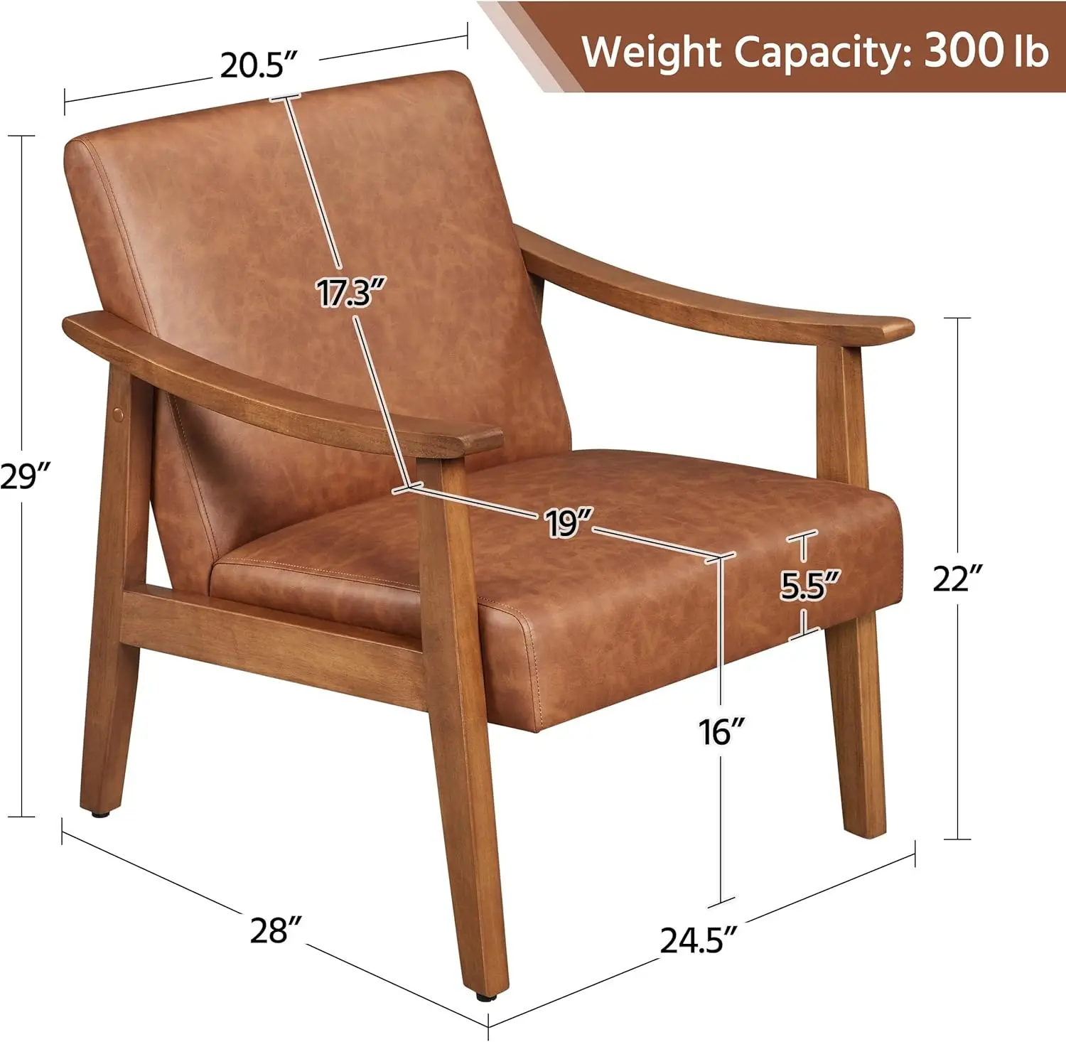 PU Leather Accent Chair, Mid-Century Modern Armchair with Solid Wood Legs, Reading Leisure Chair with High Back for Li