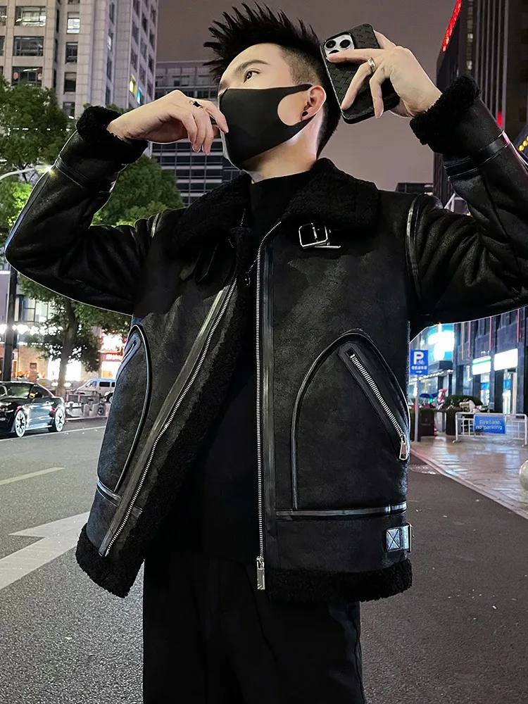 

Winter Men's Cotton Jaet Lamb Fur Inteated Leather And Fur Youth Trend Stand Fit Long Sve Warm Thiened Zipper Clo...