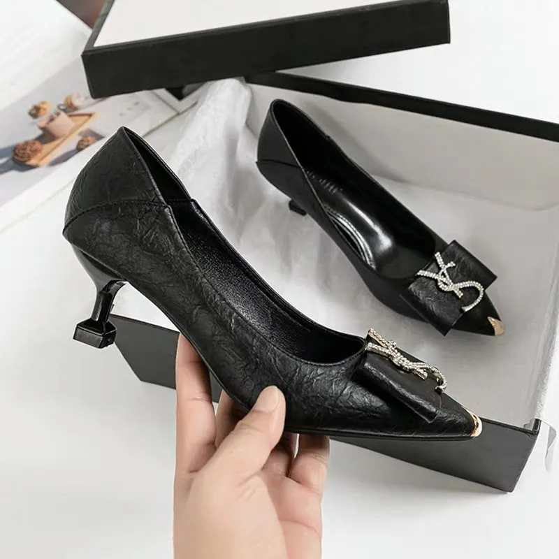 2024 Summer Metal Buckle Design Super Fiber Leather Shallow Mouth Pointed Toe Stiletto Shoes Black Luxury High Heels for Women