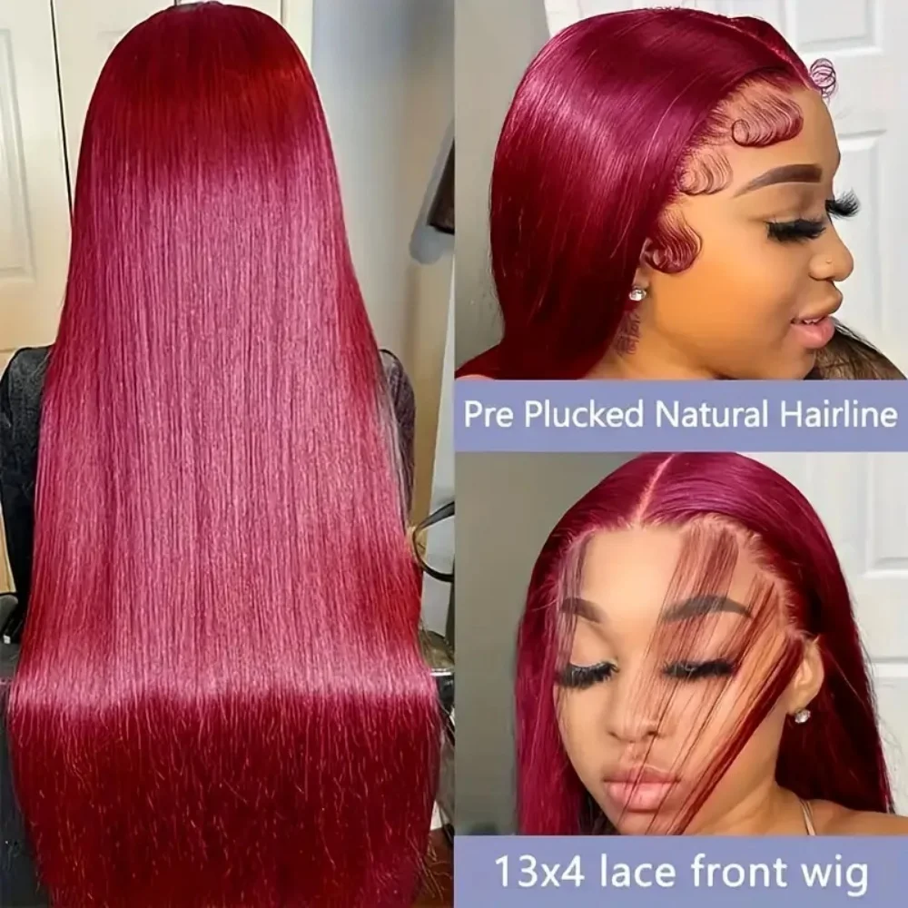 99j Burgundy Lace Front Wigs Human Hair 13x4 Straight Transparent Lace 200% Density Brazilian Human Hair Wigs For Women 34Inch