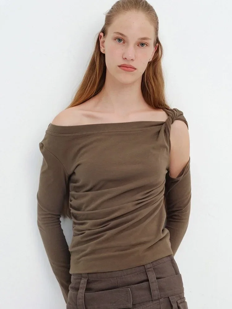 

Solid Color Streetwear Long Sleeve Y2k Clothes Hollow Out Crop Top Slash Neck T Shirts For Women Twist T-Shirt Ropa De Mujer