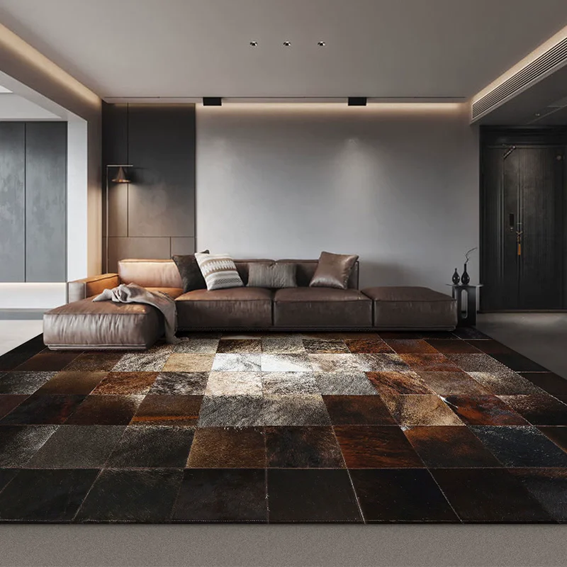Dark Brown Checkered Cowhide Carpet For Living Room Handmade Splicing Bedroom Rug Home Decoration Mats Study Office Floor Mat