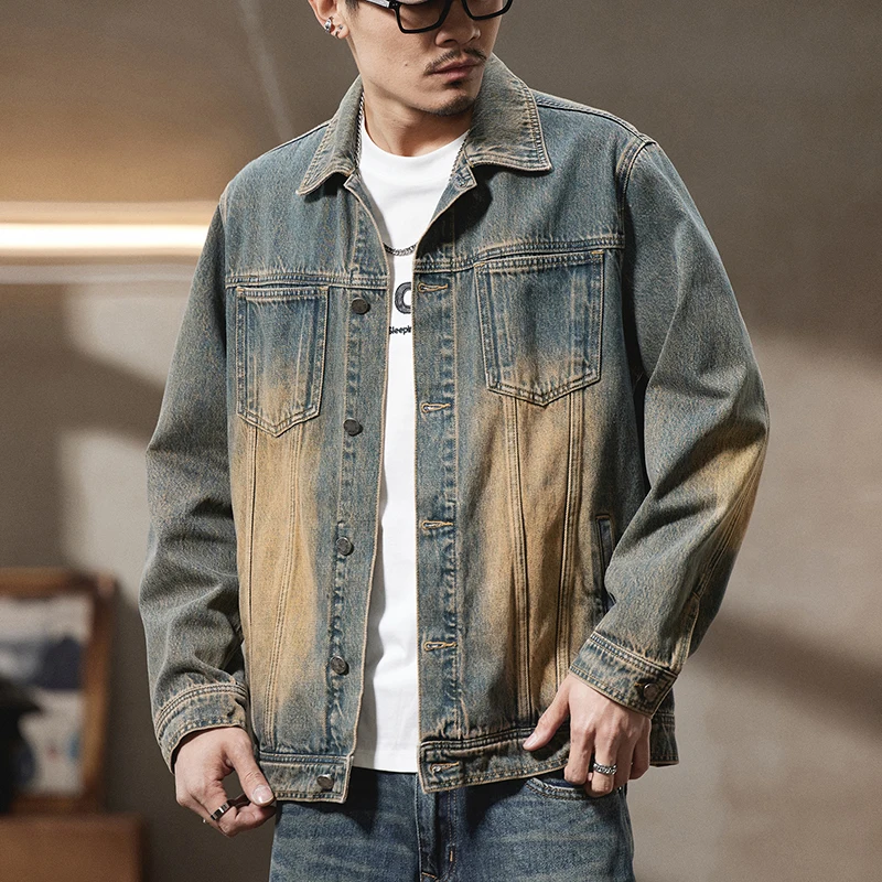 New Spring and Autumn Models Men's Denim Jacket Fashionable High-quality Yellow Mud Denim Jacket for Men Large Size 6XL 7XL