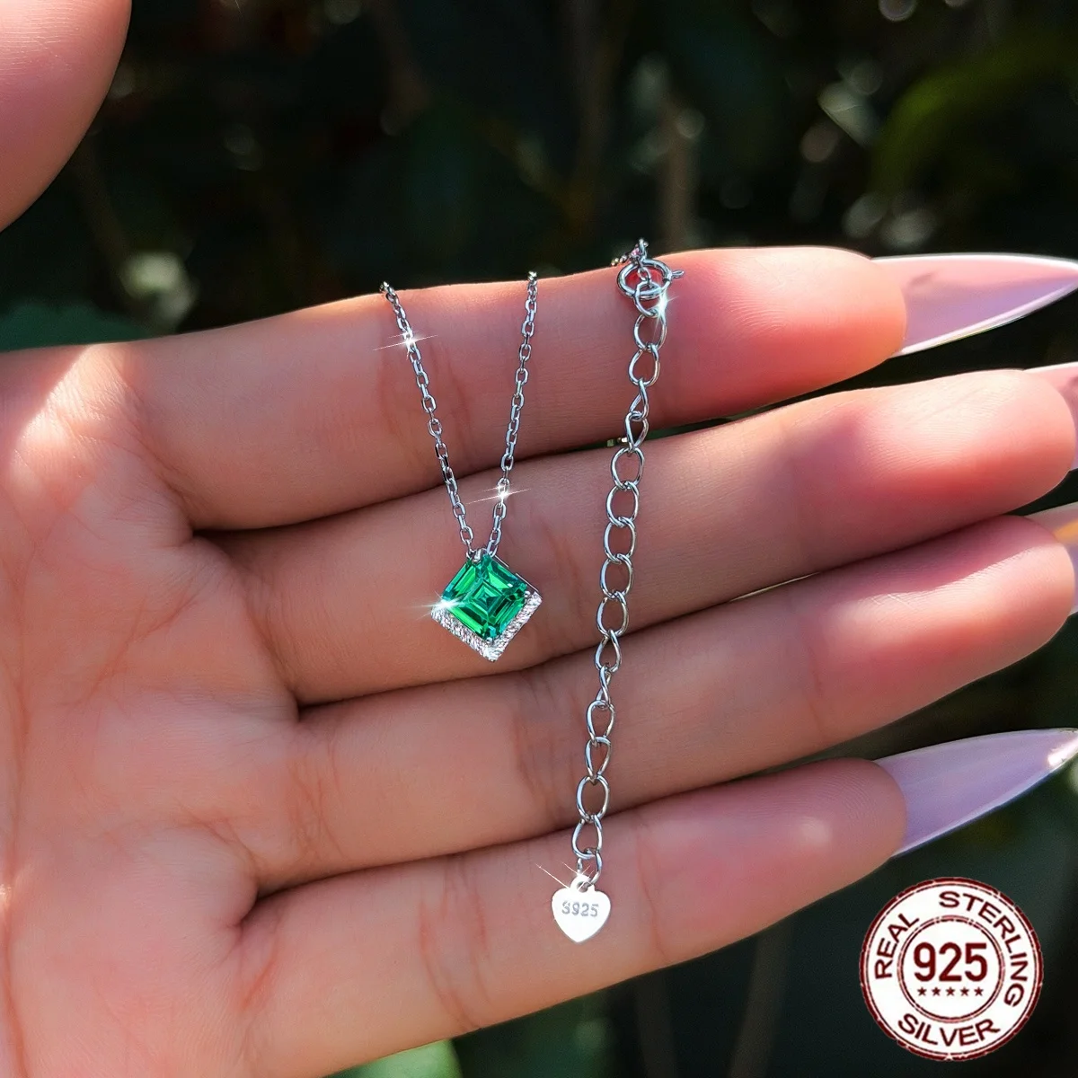QooLady S925 Sterling Silver Princess Cut Green Zirconia Necklace For Women Fine Jewelry Wedding Anniversary Jewelry Gift SD104