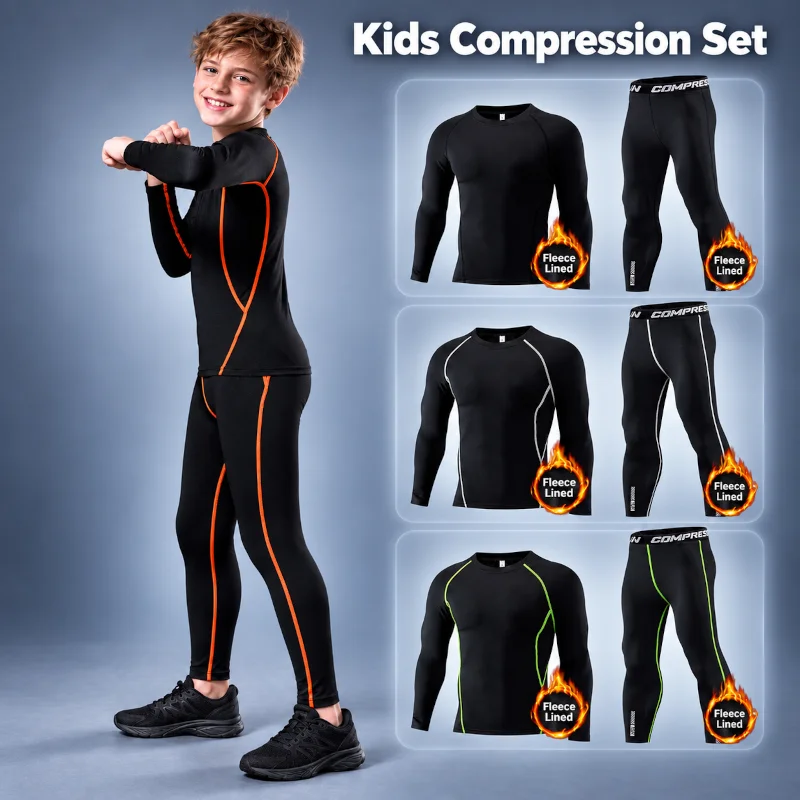 Kids Compression Thermal Underwear Set, Long Sleeve Top Pants Warm Sports Base Layer Suit Hiking, Outing, Camping, Gym Fitness