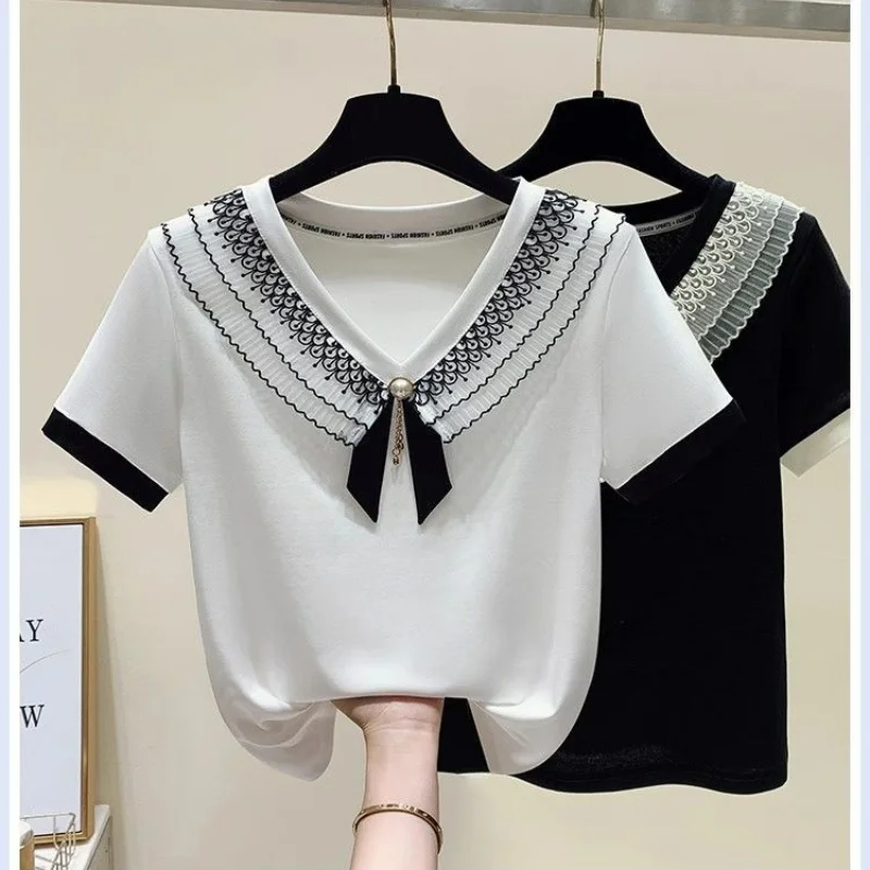 Korean Simplicity Fashion Summer T-Shirts Women\'s Panelled V-neck Patchwork Bow Pearls Temperament Loose Short Sleeve Thin Tops