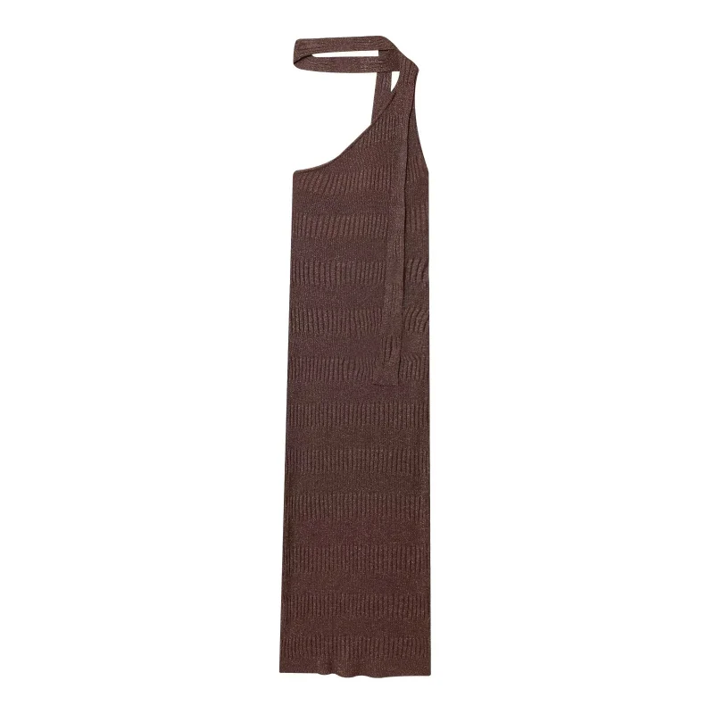 ETJ 2025 mujer otoño nueva moda diseño asimétrico elegante sexy jersey sin mangas MIDI vestido de punto