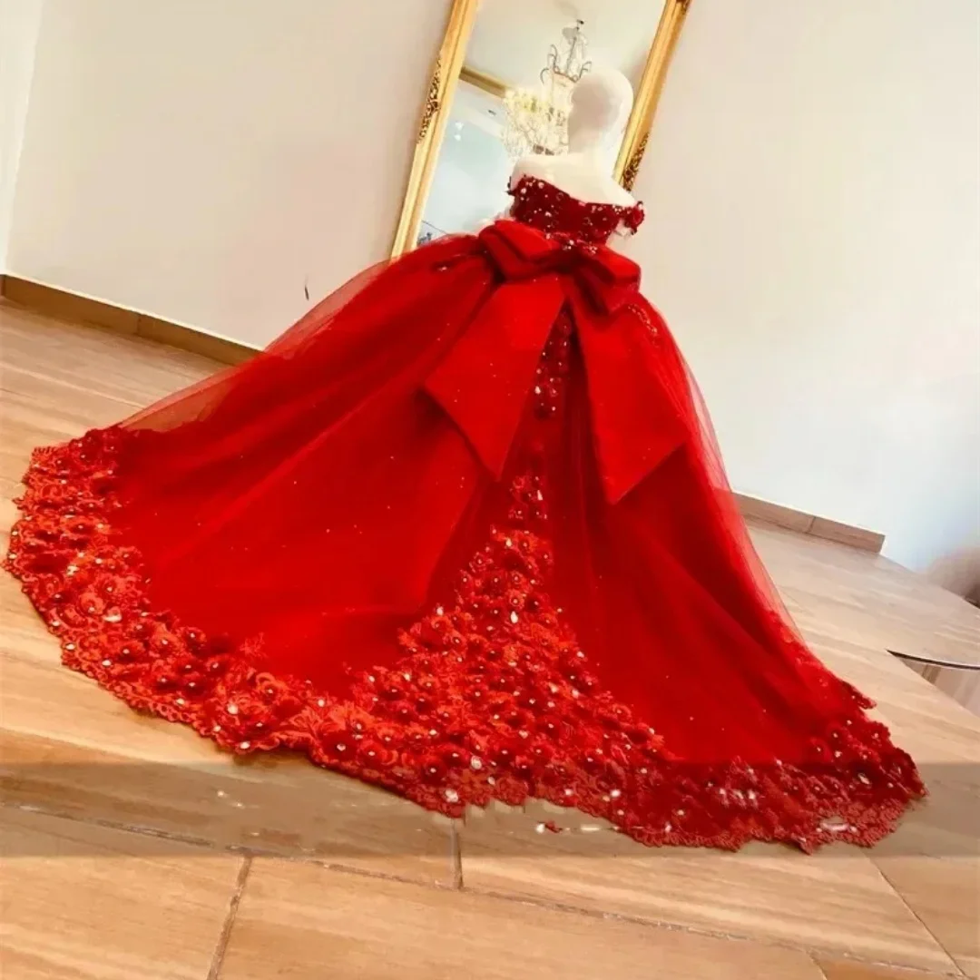 Communion Kids' Birthday Party Dress Wedding Bow Crystal Custom Red Flower Girl Dress Lace Appliqué Girl's First