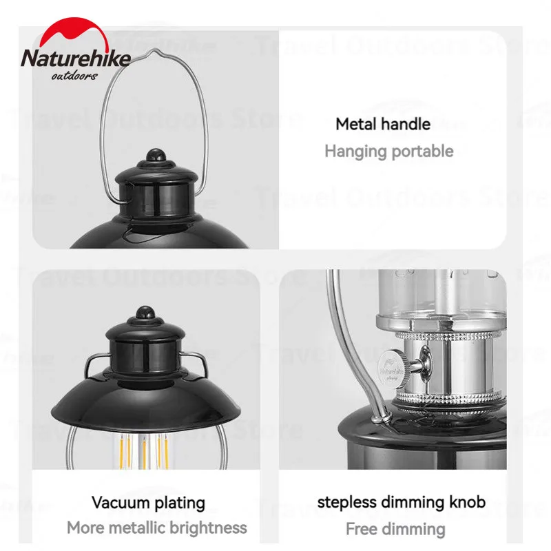 Naturehike Camping Retro Portable Lamp Black/Silver 3.6W Hanging Style Led Tent Lamp IPX4 Rain-Proof Floodlight 5-300 Hour