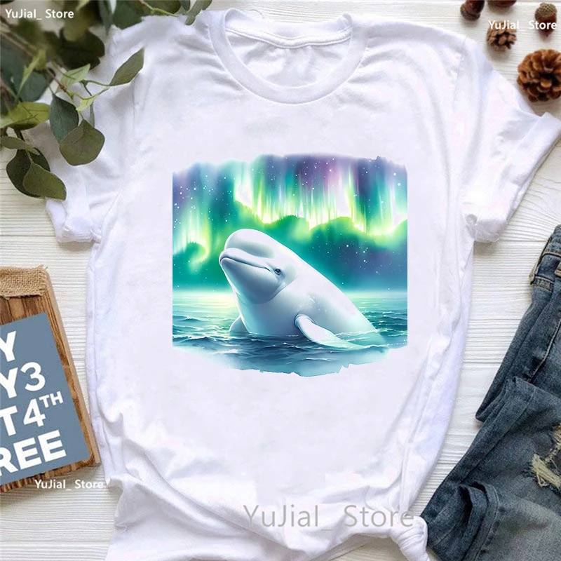 

2024 Hot Sale Beluga Whale Print T Shirt Girls Summer Fashion T-Shirt Women Harajuku Kawaii Clothes Casual White T-Shirt