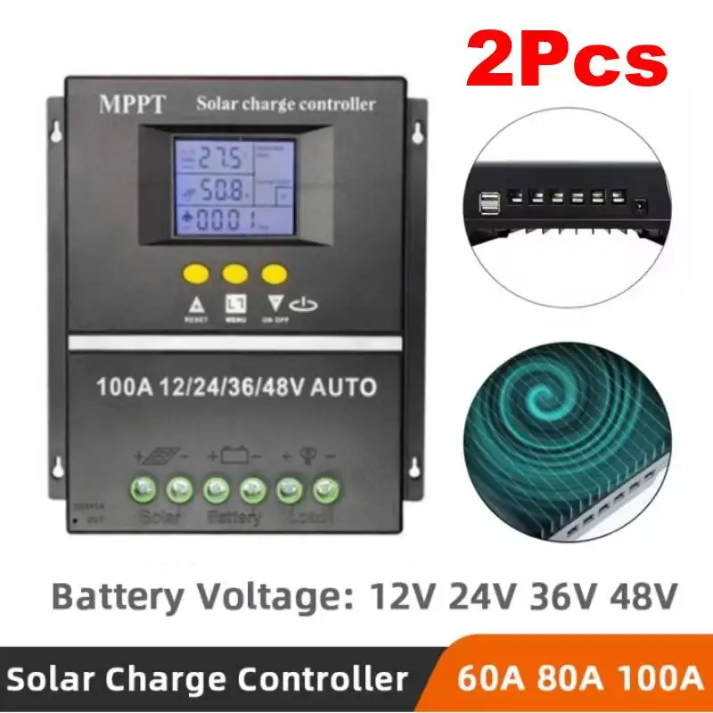 

2pcs MPPT 60A 80A 100A Solar Charge Controller with LCD Dual USB Output, 12V 24V 36V 48V Lead Acid Lithium Batteries Charger