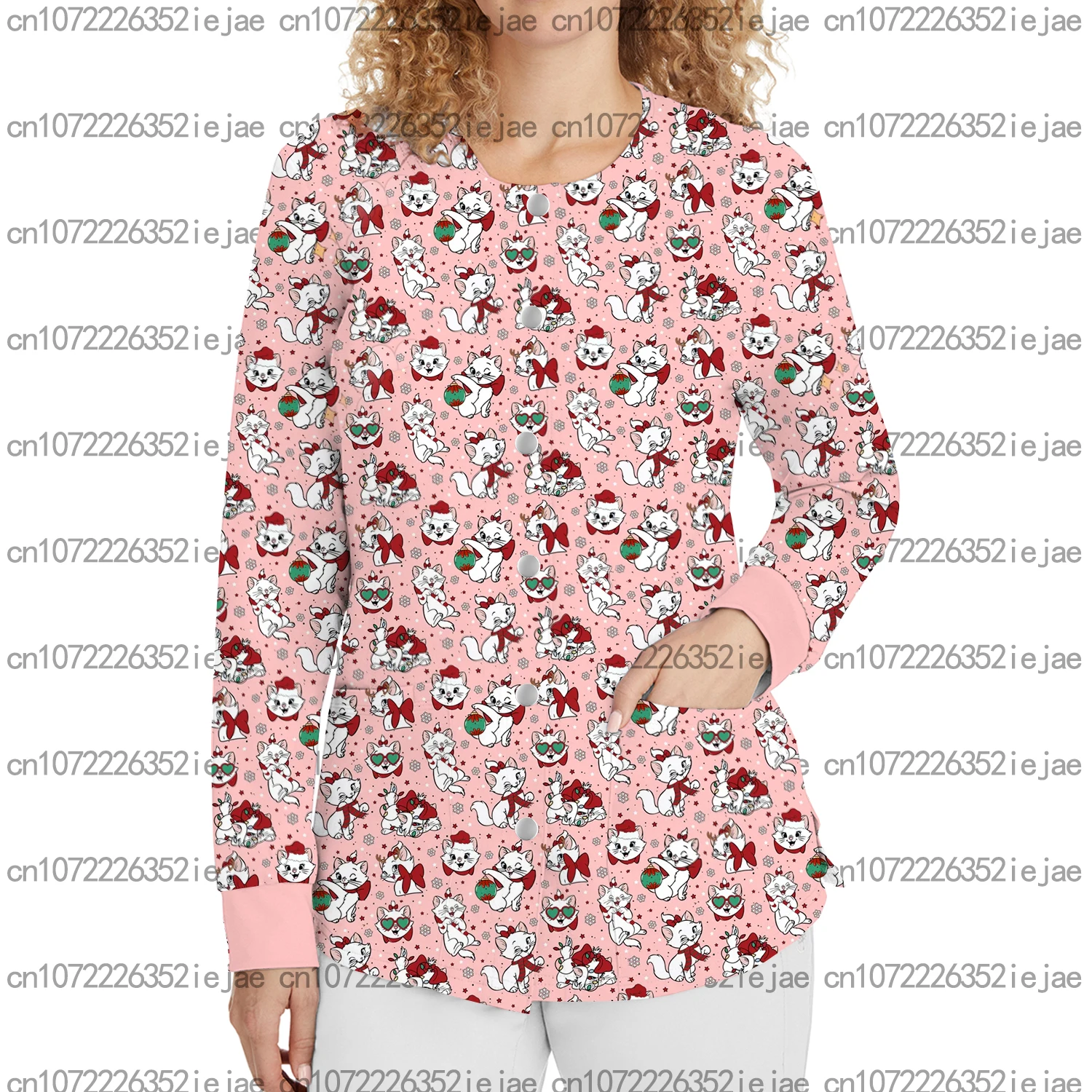 جديد طويل الأكمام جولة الرقبة قميص مطبوع ديزني ماري القط المرأة المفاجئة سترة جيب ركاب ملابس العمل ملابس التمريض