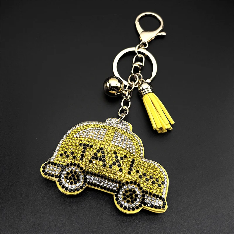 Yellow Cartoon Car Taxi Keyring For Women Men Full Shine Crystal Rhinstone Female Cute Lovely Bag Pendant Hanging Jewelry Gifts