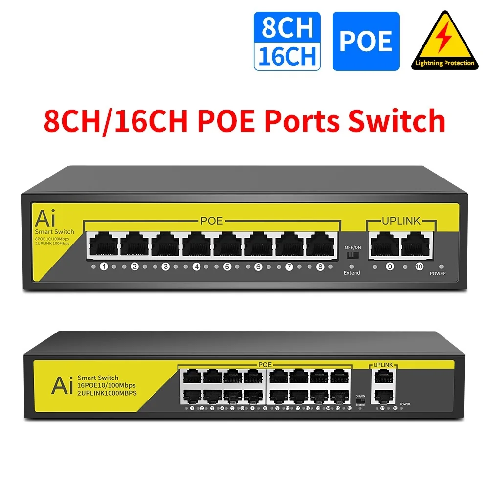 

New 48V 8/16 Ports POE Switch Ethernet 10/100Mbps IEEE 802.3 af/at for IP Camera/CCTV Security Camera System/Wireless AP ft