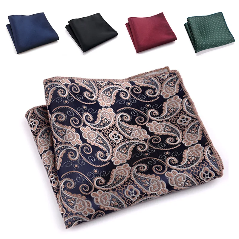 Men Silk Printed Pocket Square Handkerchief Solid Color Vintage Hankies Business Suit Hanky Chest Towel Accessories 25*25cm