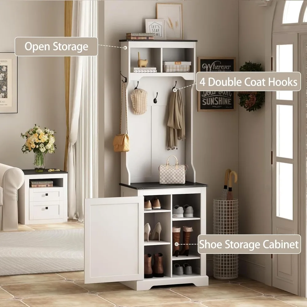 Farmhouse Narrow Coat Rack with Shoe Storage, 6 Shoe Cubbies & 4 Coat Hooks, Hall Tree with Shoe Storage Bench,