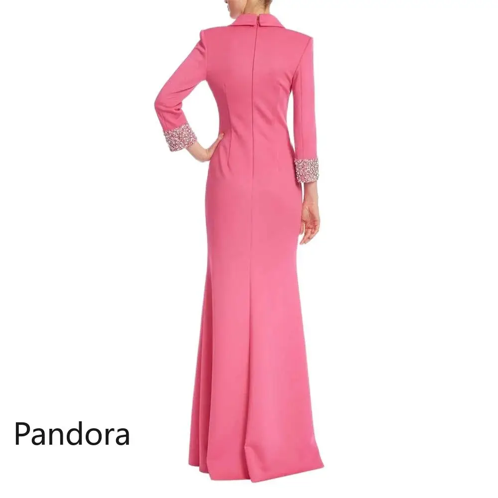 Pandora Simple pink Dubai Women\'s Formal Evening dress with V-neck long sleeve satin sequin Button Mermaid cocktail party dress