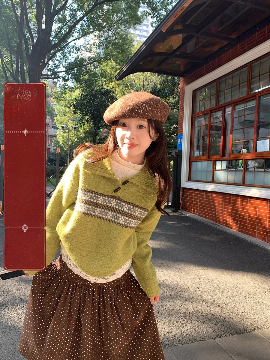 

Sinbounboun Vintage Knitted Sweater with Button Collar Layering Boting Knitwear Ele Sle Loose Fit Long Sve