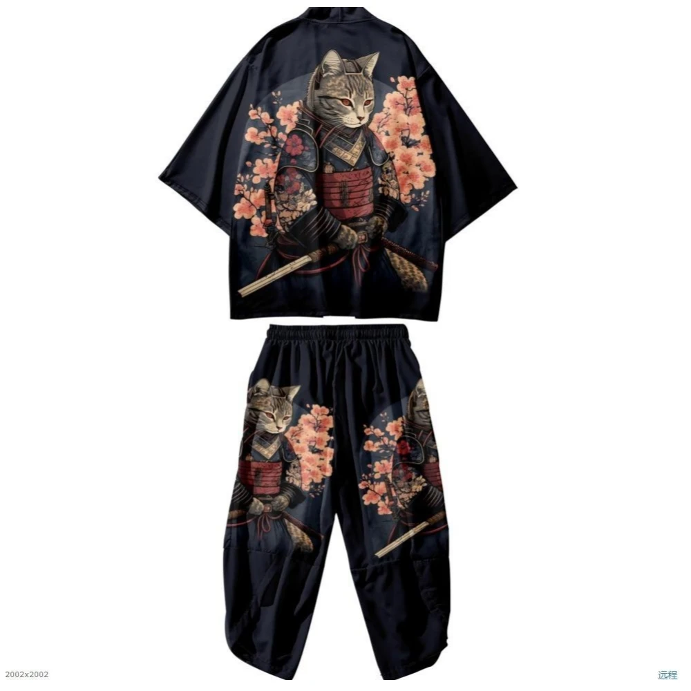 

Костюм-двойка: кимоно с принтом «Самурайский демон», укороченные брюки, комплект для женщин и мужчин, японский хаори, повседневный кардиган, юката, костюм для косплея