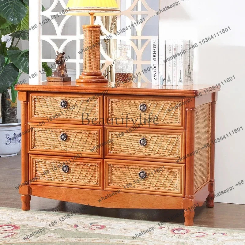 hot Natural rattan solid wood living room bedroom ornament locker against the wall light luxury high-end retro cabinetFactory Di