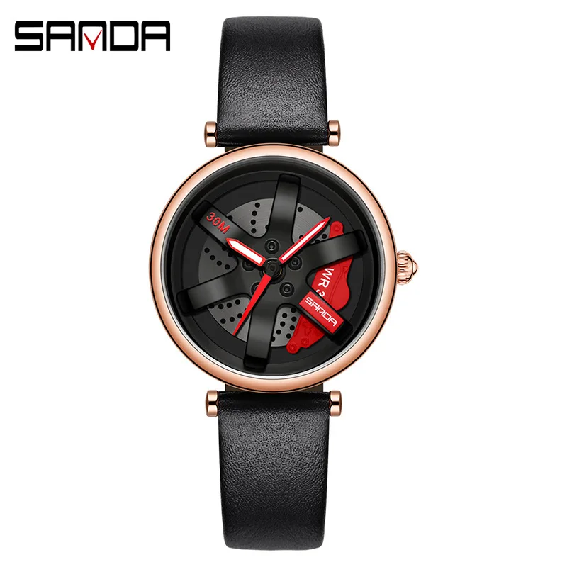 SANDA P1073 Fashion Luxury Casual Simple Ladies Daily Dress Leather Wristwatch 360 Rotating Dial Waterproof Quartz Female Clock