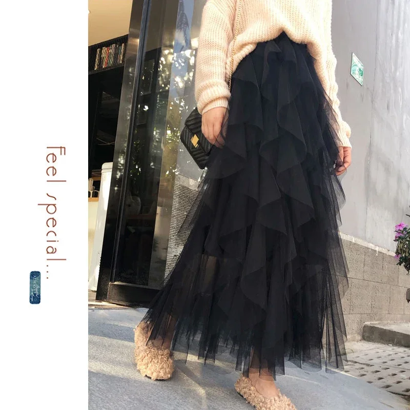 Womens Elastic High Waist Tulle Mesh Irregular Tutu Skirt Summer Girls Party Older Kid Girl Pleated Long Midi Skirts