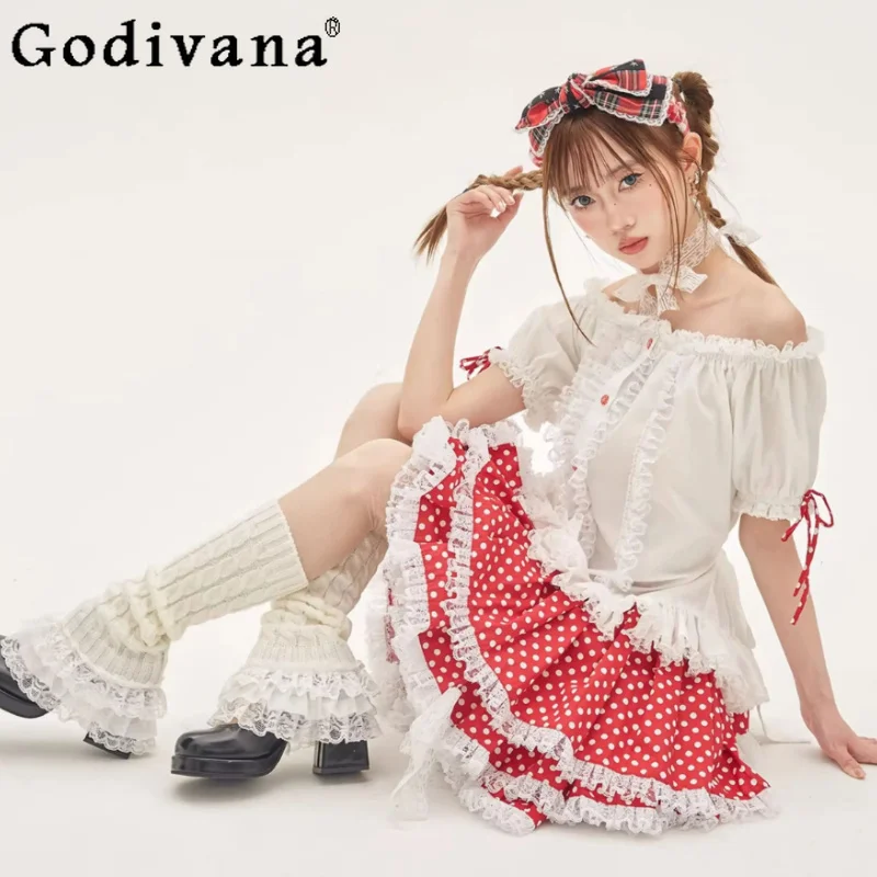 Vintage Bow Cute White Sweet Girl Lolita Short Sleeve Shirt Fashion Elastic Waist Age Reducing Lace Red Irregular Cake Skirt
