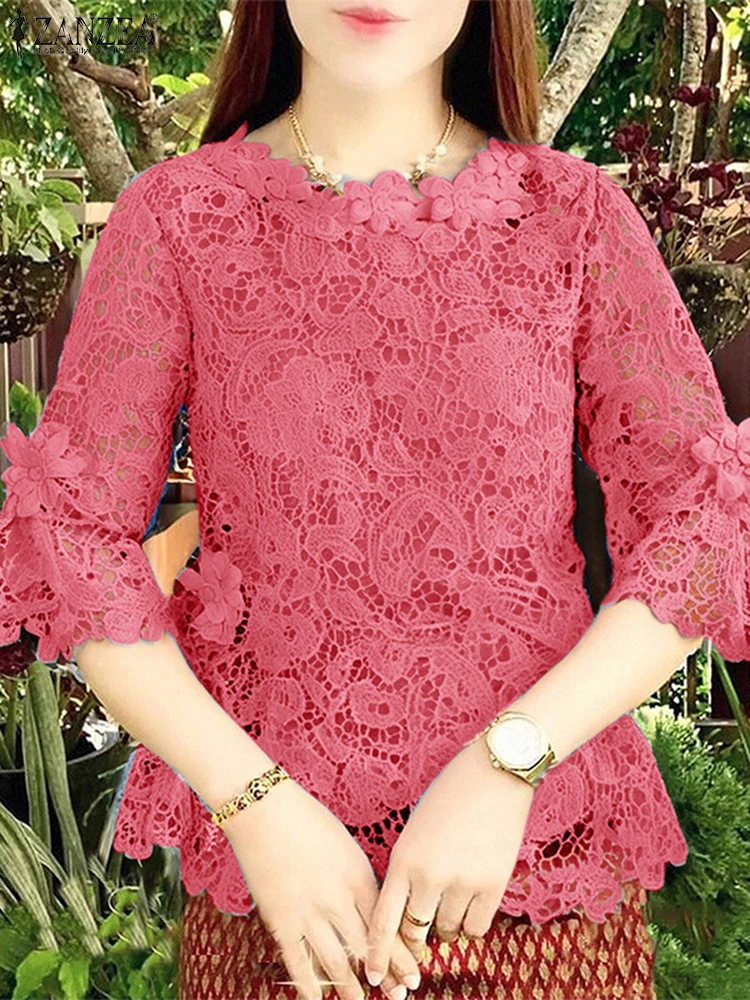 ZANZEA Summer Lace Crochet Shirts Stylish Women Embroidered Blouse Bohemain Holiday Tops Tunic 3/4 Sleeve Patchwork Work Blusas