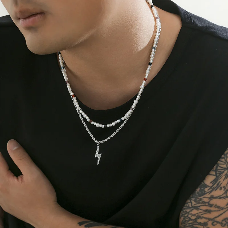 Unisex Pearl and Bolt Layered Necklace Multi Strand Beaded Chain CZ Pave Thunder Pendant Gender Neutral Non-Binar