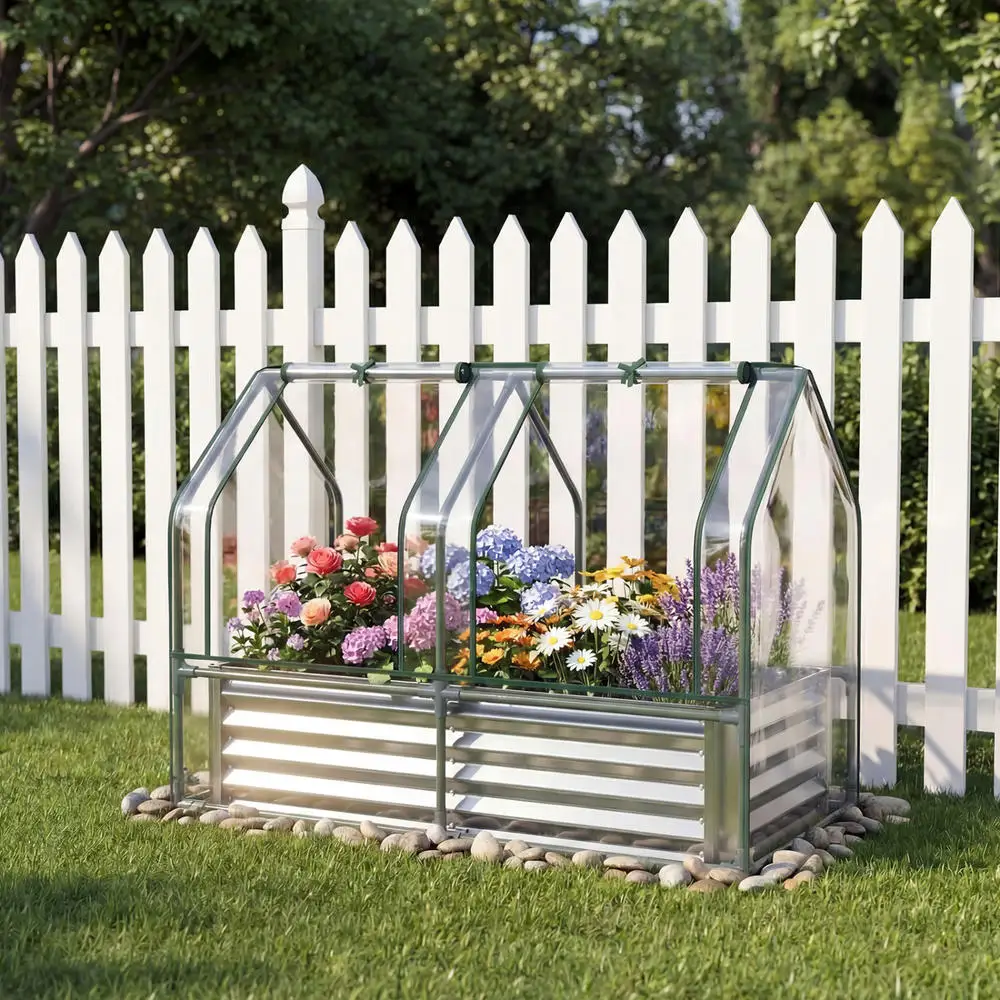 Small Outdoor Greenhouse Kit, Galvanized Metal Raised Garden Bed With PVC Thermal Cover, Dual Roll-Up Ventilation Doors, For Patio Backyard Vegetable Flower Growing, Silver, 4x2x3 Ft