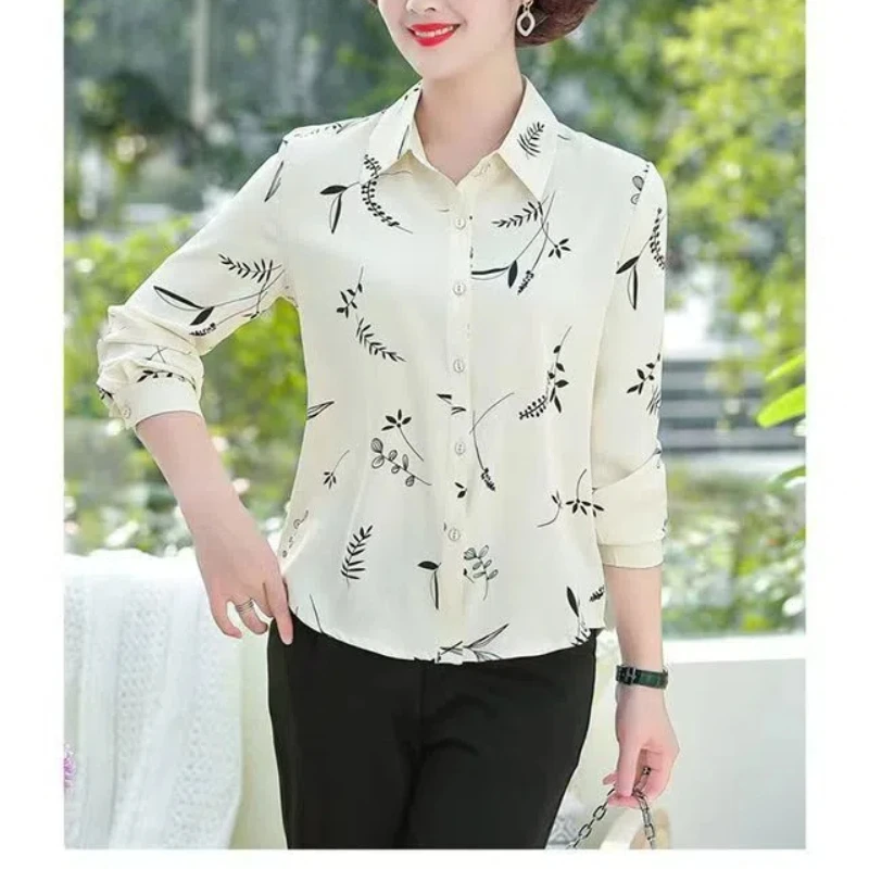 Women\'s Clothing Long Sleeve Plant&Flowers Printing Button Turn-down Collar Cardigan Chiffon Shirt Casual Flattering Tops