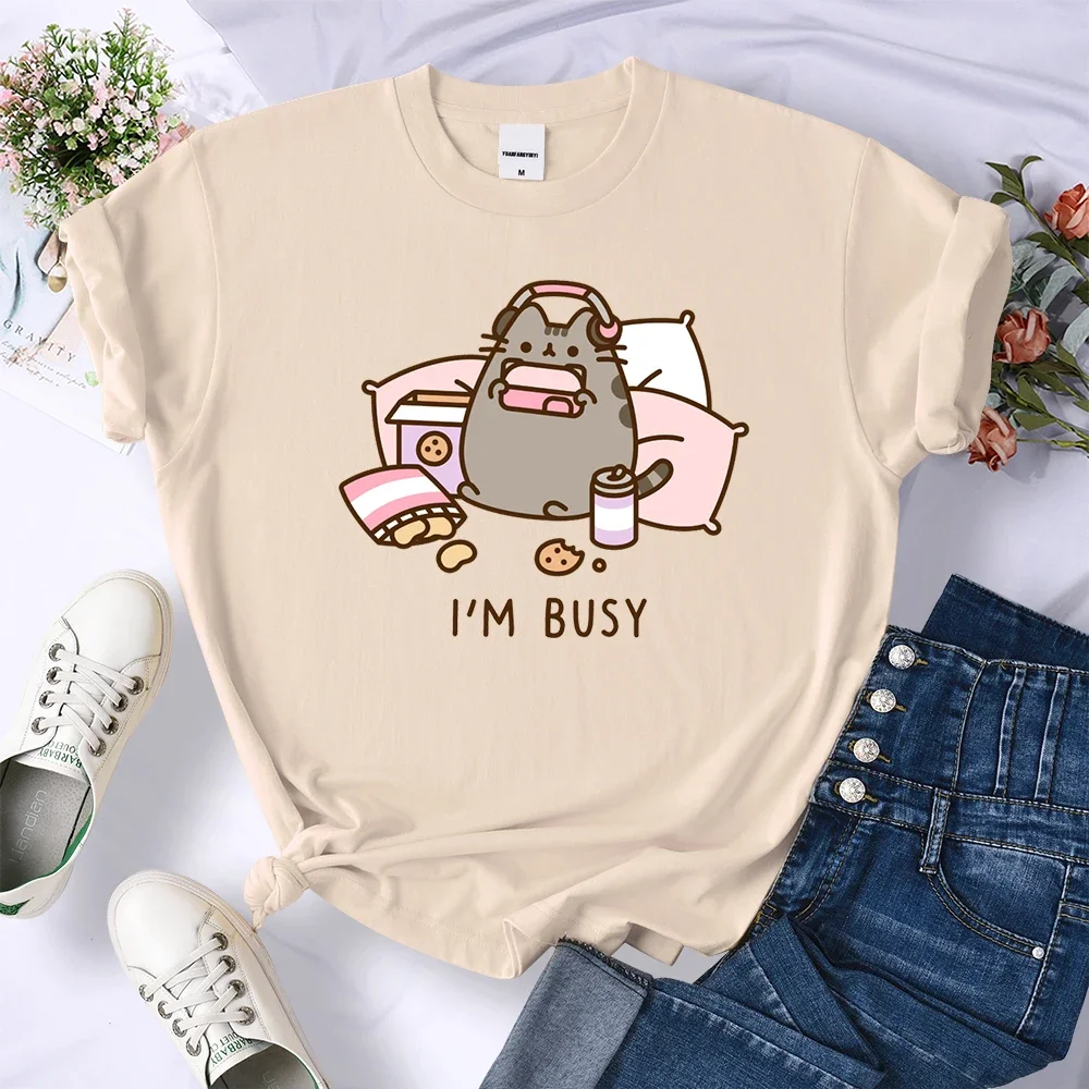 Sorry I'm Busy Cat Playing Games with Headphones T Shirt Female New Oversized T-shirts New Street Tops Hot Sale Summer Women Tee