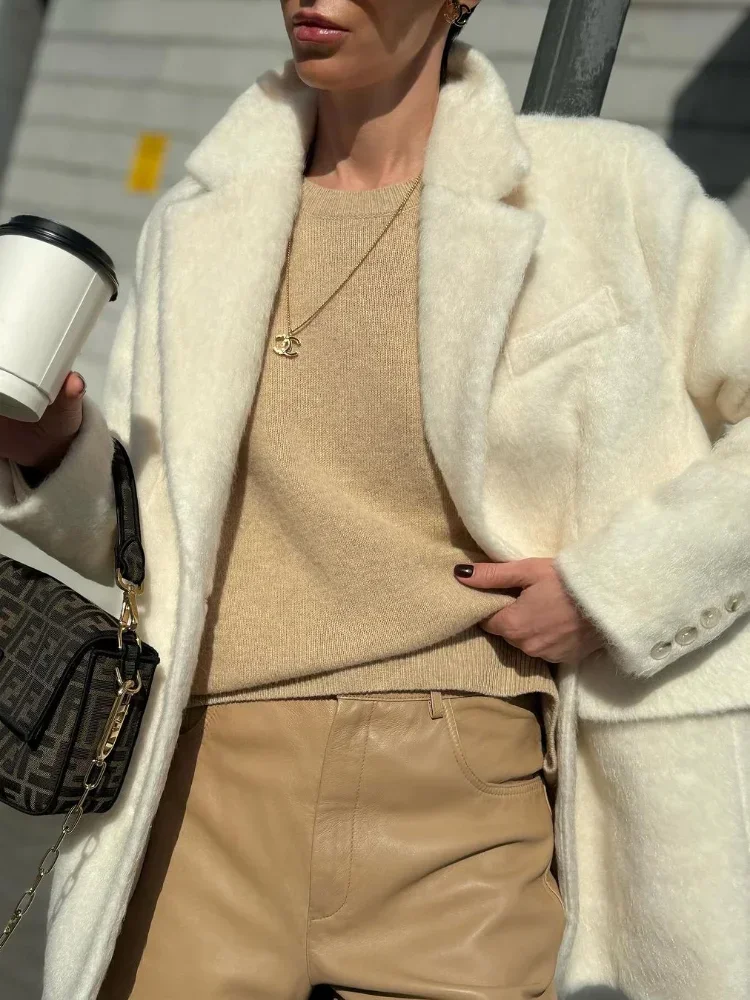 Women Elegant Solid Wool Blend Long Sleeve Coat Fashion Lapel Single Breasted Office Jacket 2024 Autumn Winter Street Outerwear