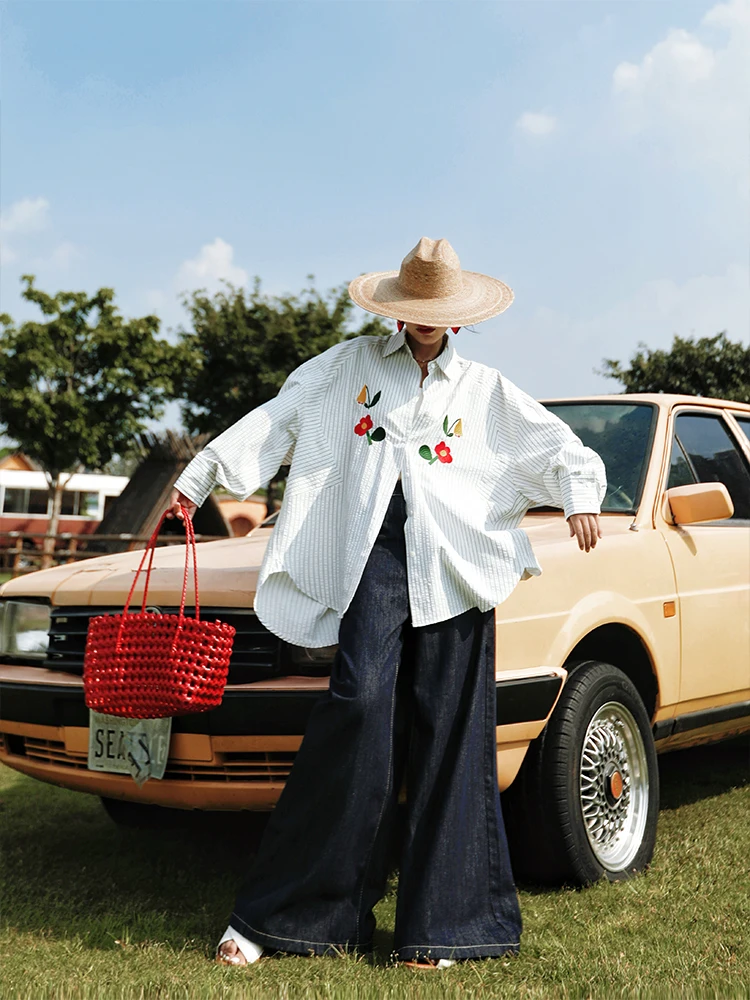 

TIYIHAILEY весенняя полосатая осенняя блузка, топы, женские футболки с длинными рукавами, свободная рубашка с вышивкой, однобортная рубашка с отложным воротником, 2025 г.