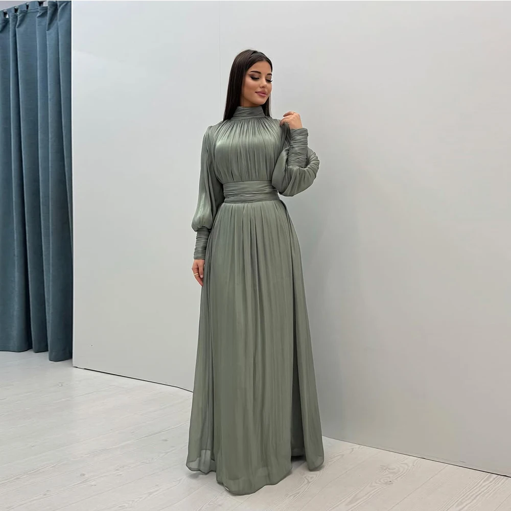 Customized Pleated Evening Dresses Long with Cuffed Sleeve A Line Dress for Women Arabic Elegant Prom Party Gowns