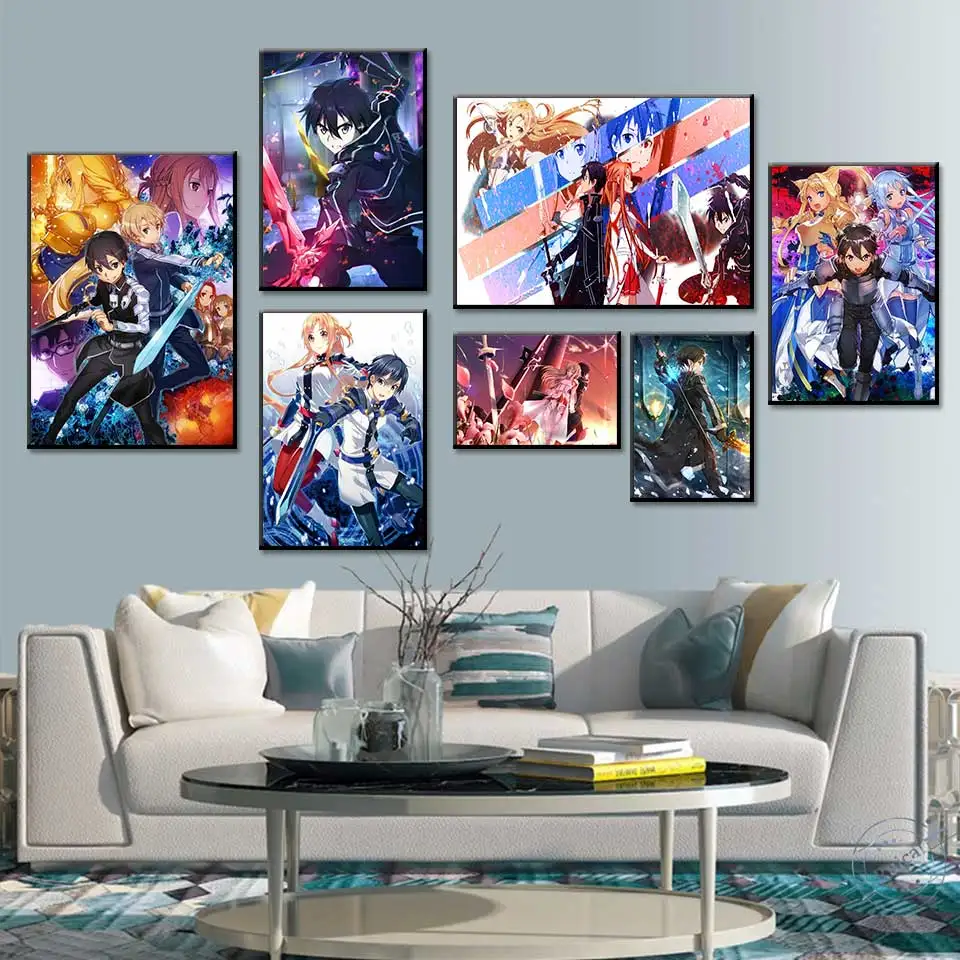 Canvas Painting Sword Art Online Kirito Asuna Poster Japan Video Game Anime Prints Art Wall Pictures For Living Room Decor