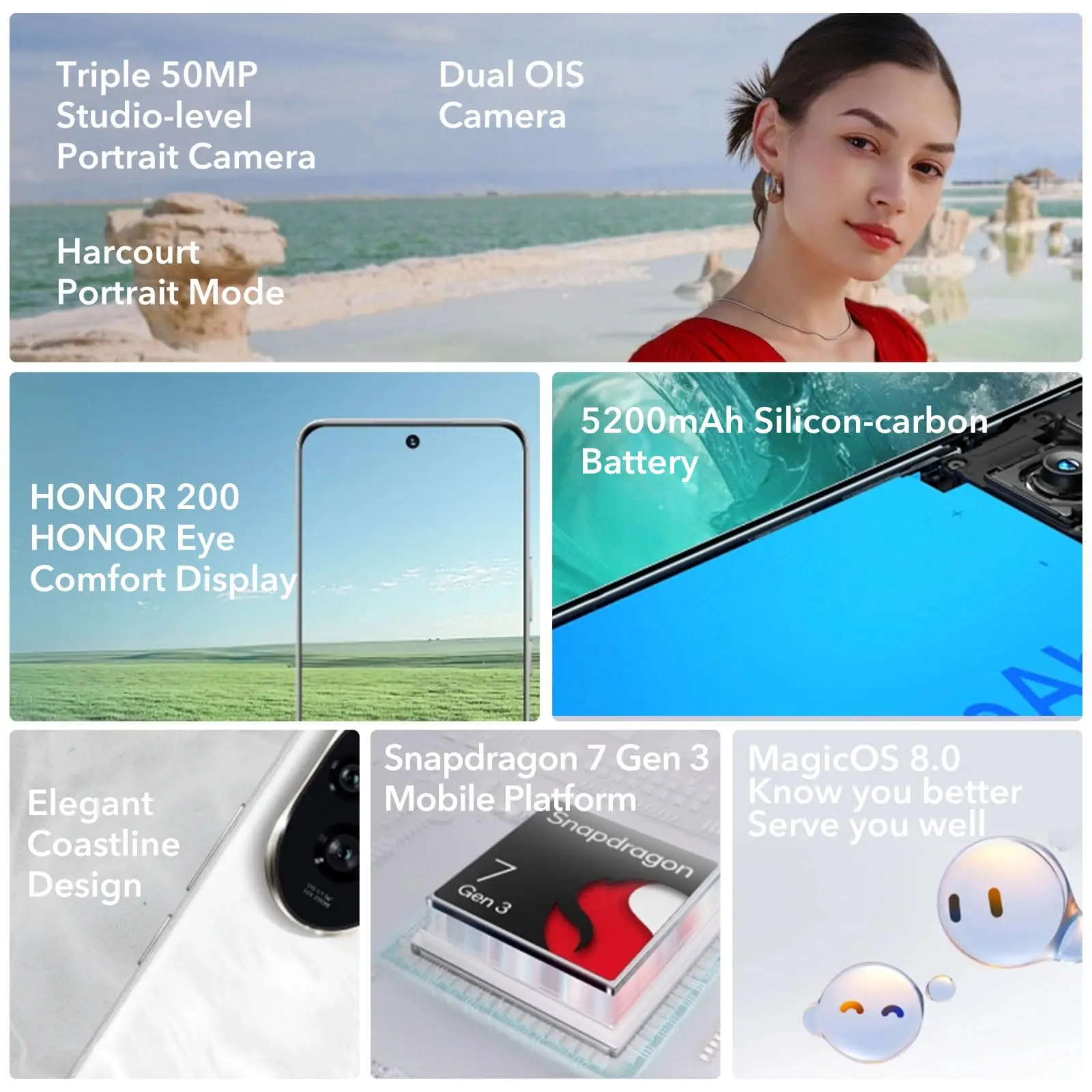 Global Version HONOR 200 5G Smartphone Snapdragon 7 Gen 3 Android 14 6.7'' AMOLED Display 5200mAh Battery Phone