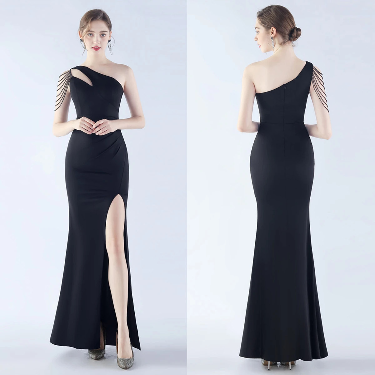 

Evening Dress Black Jersey Beads One Shoulder Zipper Back Mermaid Trumpet Floor Length Slit Women Party Formal Gown YE415