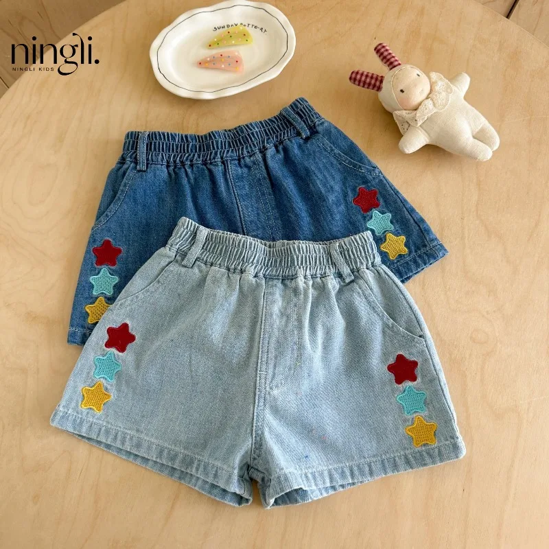 2026 Girls Star Patch Embroidered Color Dot Denim Shorts Summer Stylish Cute Cool Breathable Straight Leg Pants