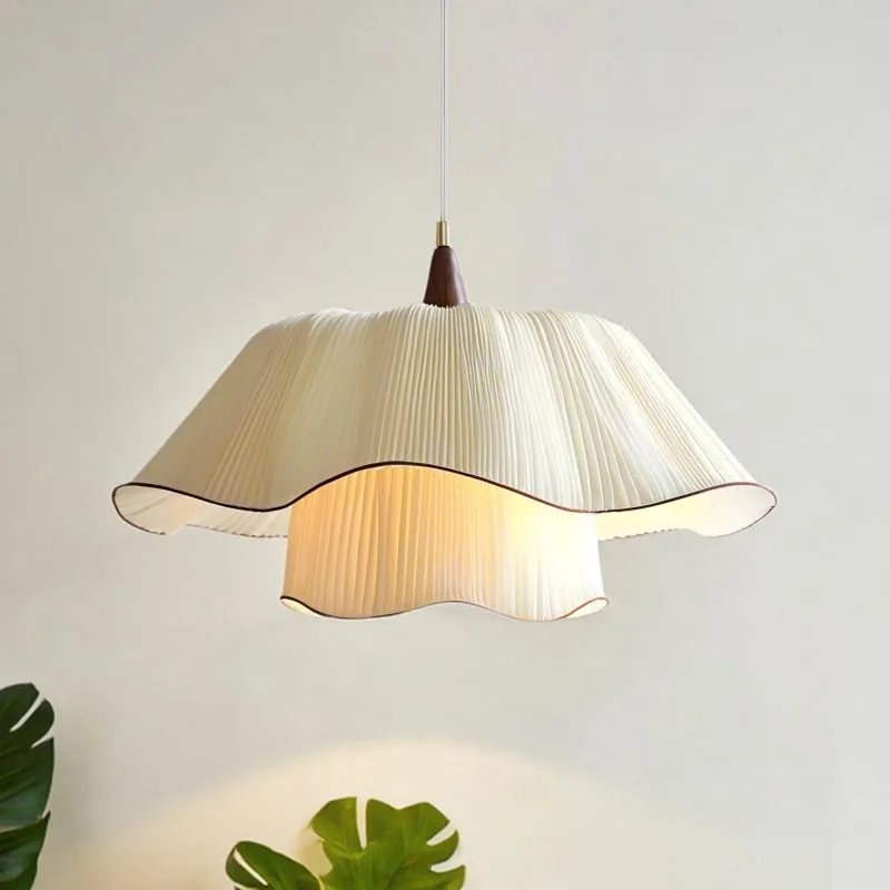French Double-layer White Pleated Fabric LED Pendant Light Wooden Hanging Lamp Living Room Bedroom Restaurant Kitchen Chandelier
