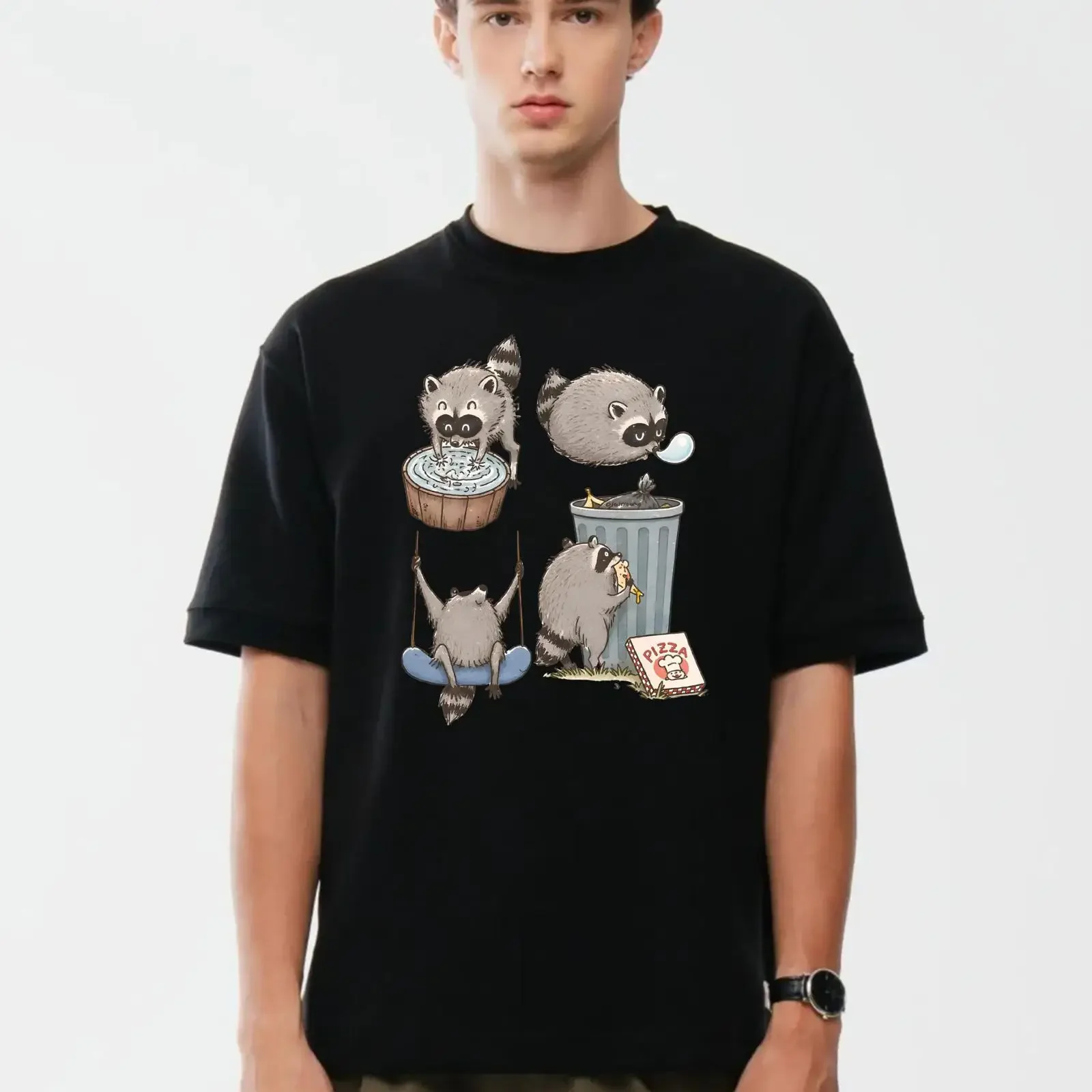 Cute Trash Panda T Shirt Funny Raccoon Pizza Garbage Can Crewneck Cartoon 100 Cotton Novelty Top vintage Washed Casual Soft