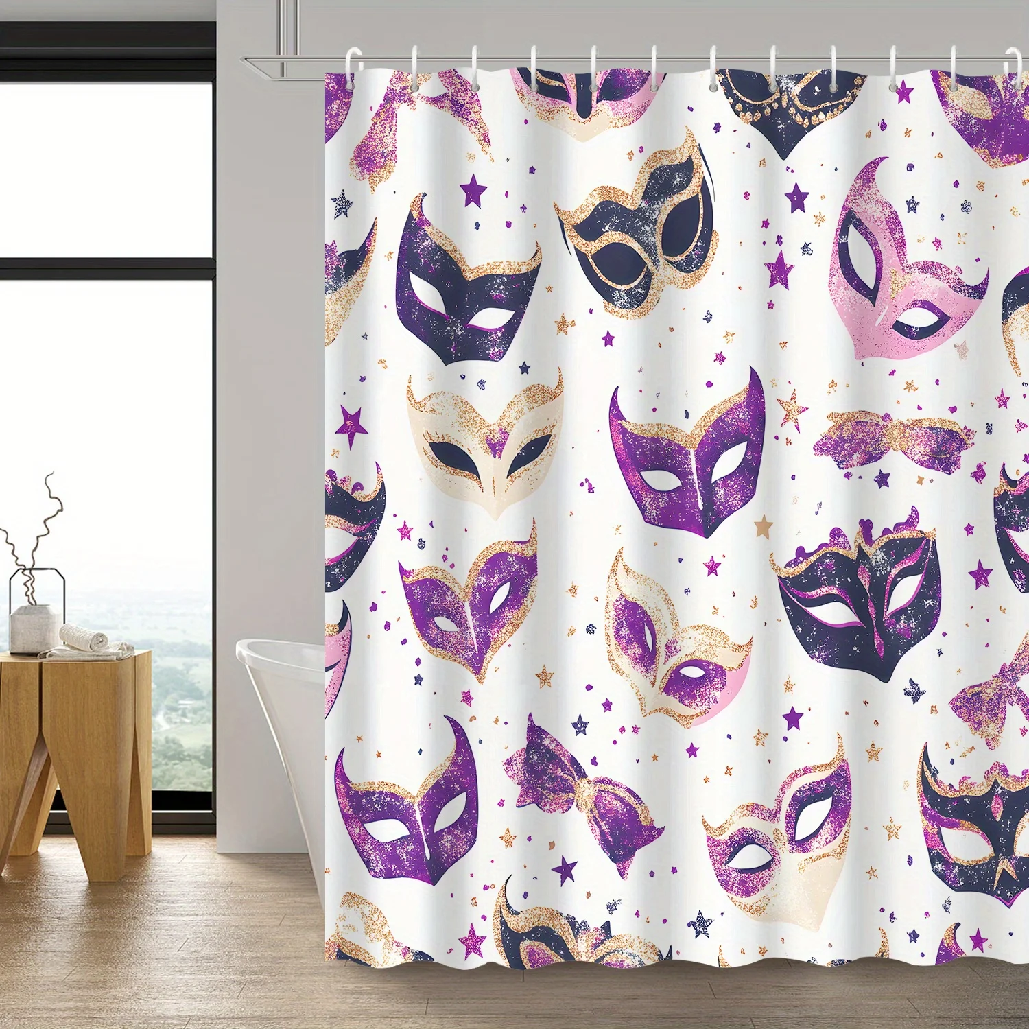 Carnival Purple Stage Mask & Star Shower Curtain - Decorative Print with 12 Hooks for Bathroom Accessories