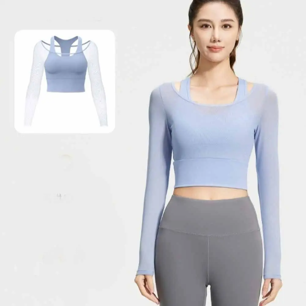 Long Sleeved Fitness Yoga Top Fixed Chest Pad Mesh Splicing Yoga Shirts Pullover Neck Breathable Women Sports Top