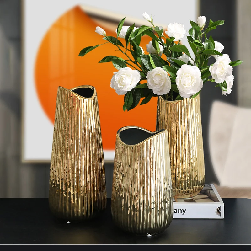 Nordic Luxury Plating Golden Vase Living Room Desktop Dried Flower Pot Modern Ceramic Abstract Plant Vases