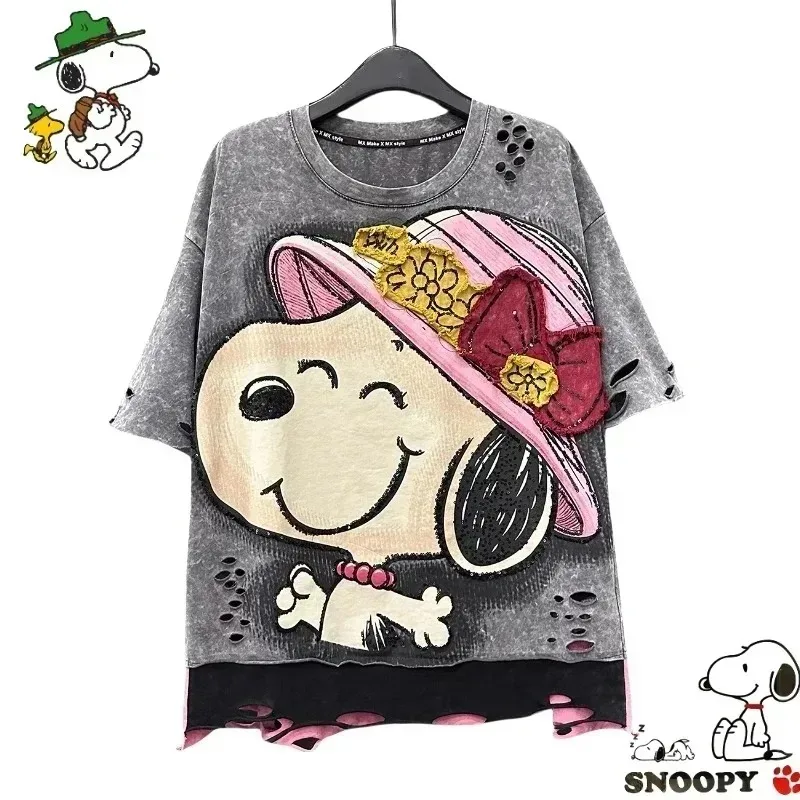

Snoopy cartoon cute sequin printed short sleeved creative Kawaii girls summer lightweight loose T-shirt top gift wholesale
