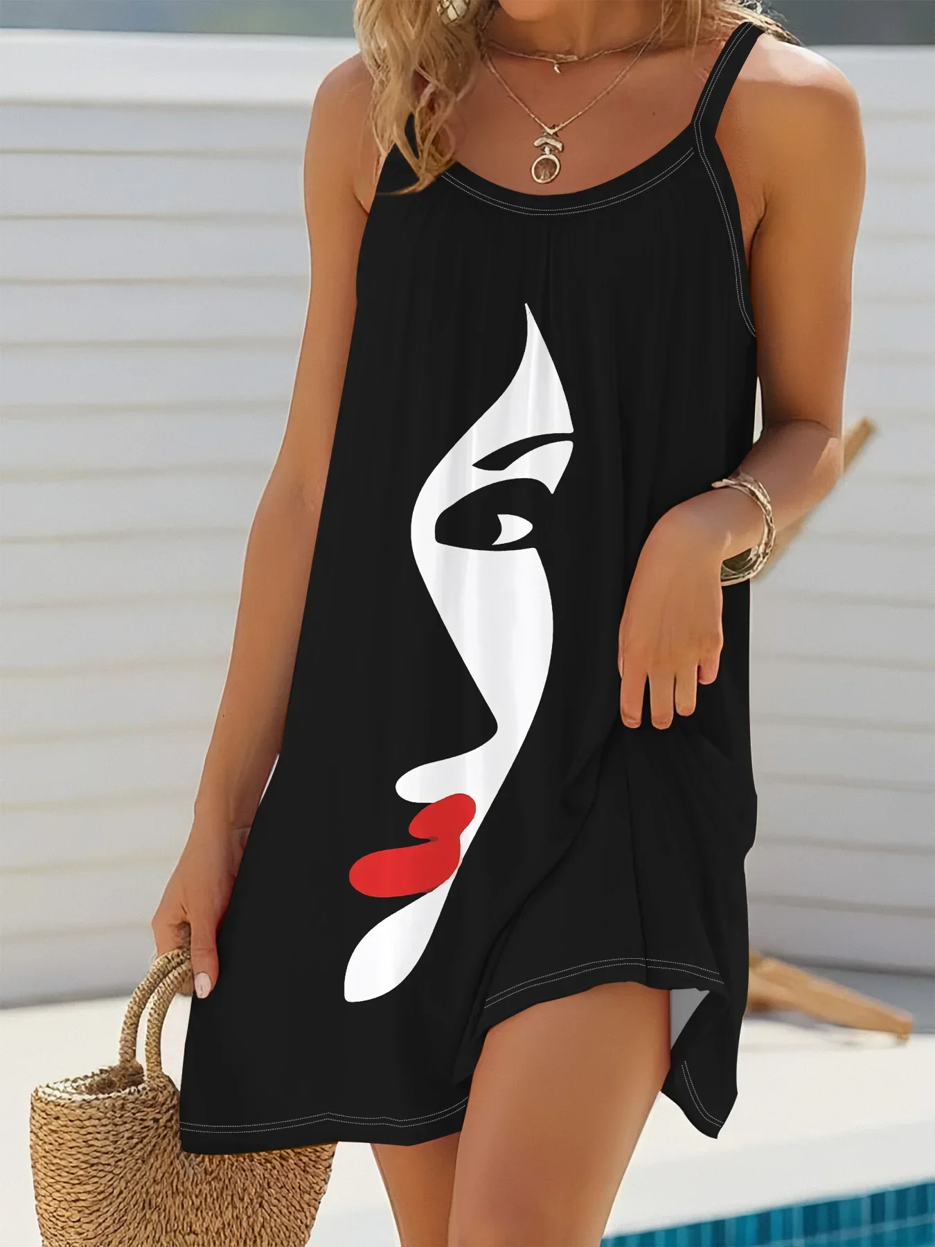 2024 Damen-Sommerkleid, ärmellos, bedruckt, lässig, Sommerkleid für den Urlaub, Damenbekleidung